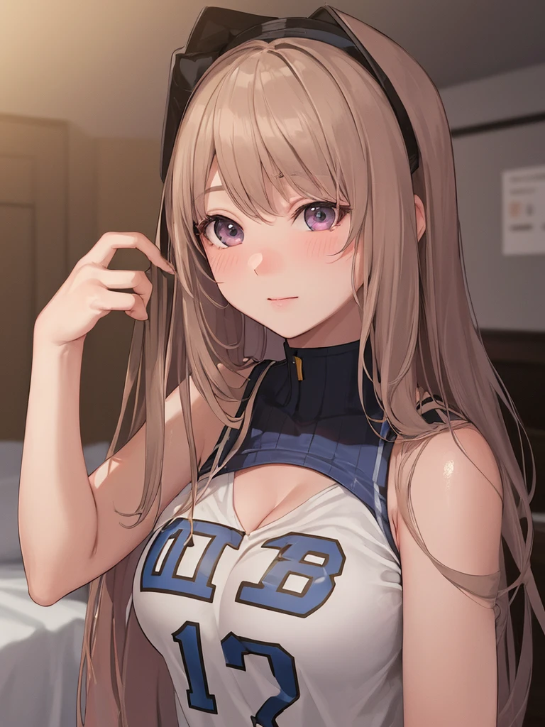 (One Girl), Very cute face, Great face and eyes, (Highly detailed eyes, Highly detailed face), Fresh, Very beautiful appearance, (Ultra-realistic, High resolution), (Highest quality:1.4), RAW Photos, (Realistic, Realistic:1.37), Professional photography , (A pale pink basketball uniform that becomes transparent when wet ) , (Cleavage:1.2), (Expose your shouldersさせる), (Laugh a little), (look at me), Bedroom, Portrait of a Girl , (Huge breasts) , Expose your shoulders , I'm , (Erect nipples) , (ponytail) , (Her uniform clings tightly to her body., Exposing the nipples:1.1) , (Place your hands behind your head、Exposes the armpits:1.2) , (My chest is sweaty:1.2) , (Armpit hair:0.9) , (Wet basketball uniform:1.2) , Armpit hair ,((((Ultra-small bikini:1.7)))),(Deep Front Split Squat)