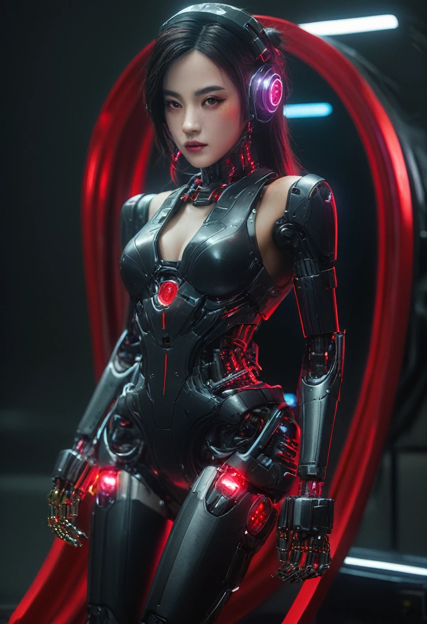 xxmixgirl. Highly detailed professional 35mm film, bokeh, face in sharp focus. A robotic female, Miku, with ((metal skin)), ((perfect Asian eyes)) with magenta irises and ((black pupils)), beautiful serious (detailed face), 18 year old ((photorealistic face)), very long magenta twin tails of magenta hair, twin black hair ties with a single red stripe. She may have a black audio headpiece. We can see her ((full body)) down to her boot soles. Her outfit is a sleeveless collared light grey shirt, outlined in red around the frilled collar and hems. Shiny reflective ((metallic breast cups, dimpleless)), invisible nipples. She wears black sleeves with red hems that start around her upper arm and bellow out as the sleeves open and extend to her wrists, with wide trumpet red rimmed cuffs. She has perfect robotic (detailed hands). She wears a red colored tie with two horizontal solid parallel black lines halfway across. She wears a fabric black skirt with a horizontal red hem at the bottom all the way around; her (((black skirt wraps around her))) and ((her skirt completely covers)) her robotic waist and thighs. Tall black boots with red bottom soles, a red rim around the top at her thighs. Her mechanical shoulder joints are visible. We can see her robotic legs and robotic neck. Half of her is covered with shiny polished machinery. The background is a distant dark neon futuristic Japanese city, gold, cyan, violet neon, near harbor or mountains.