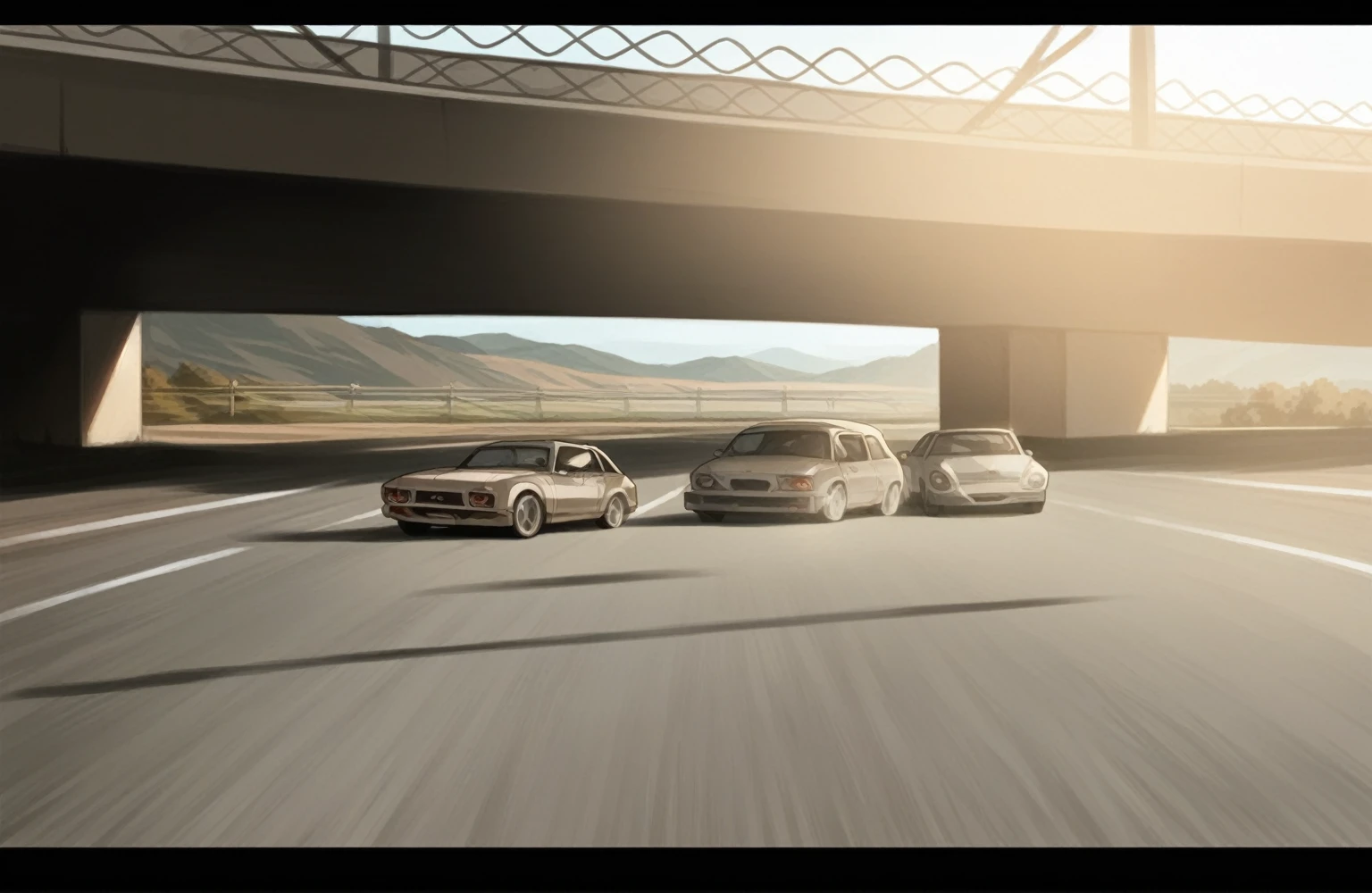 a multi-lane highway, with five sports cars advancing in parallel. The road is deserted on both sides of the cars. The vehicles are lined up in formation and appear to be similar models, possibly luxury sports cars. The landscape behind the cars includes barren hills and a bridge they pass over, with a clear sky and natural lighting that suggests it is early morning or evening.