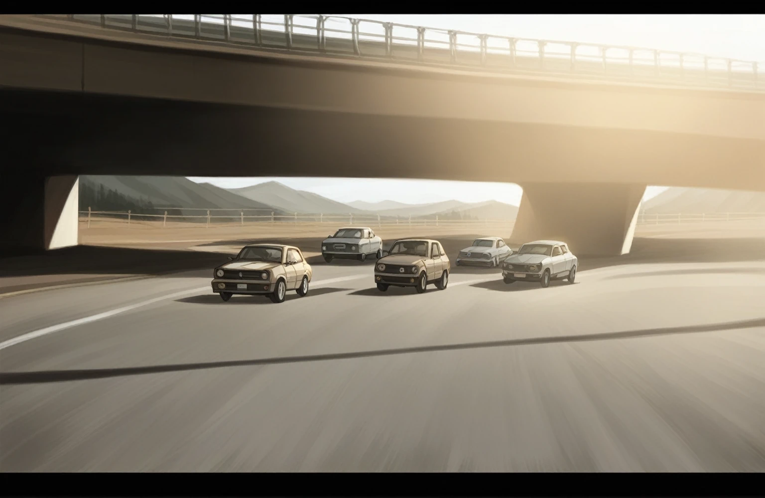 a multi-lane highway, with five sports cars advancing in parallel. The road is deserted on both sides of the cars. The vehicles are lined up in formation and appear to be similar models, possibly luxury sports cars. The landscape behind the cars includes barren hills and a bridge they pass over, with a clear sky and natural lighting that suggests it is early morning or evening.