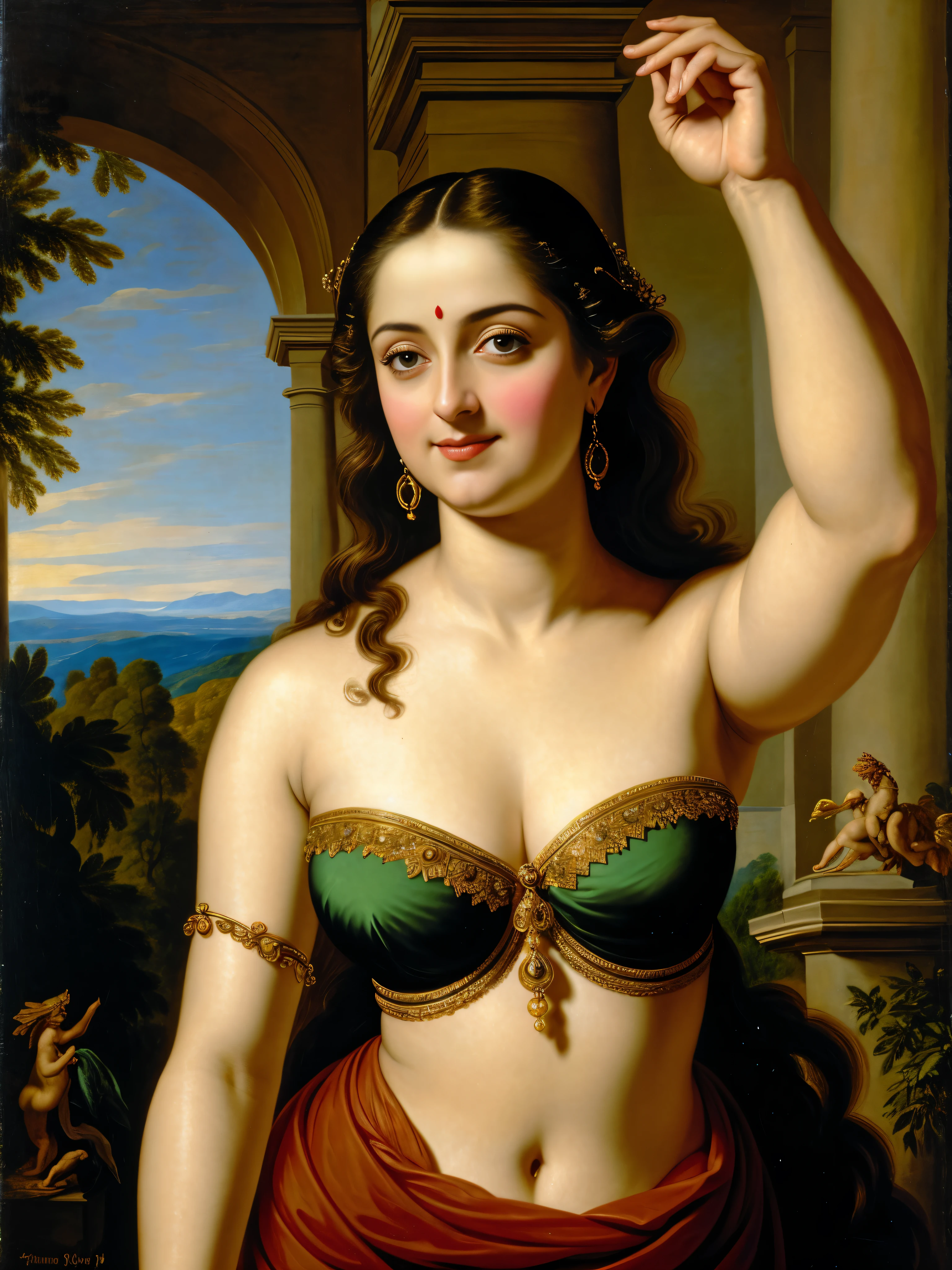 Looks like Anushka Shetty, thick figure, heavy physique, Masterpiece, Best quality, high clarity eyes, critically flawless,sharp picture, Full portrait, High pixels, perfect face, perfect eyes, beautiful face, perfect hands,perfect fingers, in Peter Paul Rubens style, by Peter Paul Rubens, baroque style, acrylic on canvas, highly detailed, description: "Create a nymph inspired by the tales of Greek or Roman mythology, embodying the essence of a natural element or location, and possessing a unique ability or trait that sets her apart.", strapless Bra of ancient times, strapless bralette, armpits showing, 