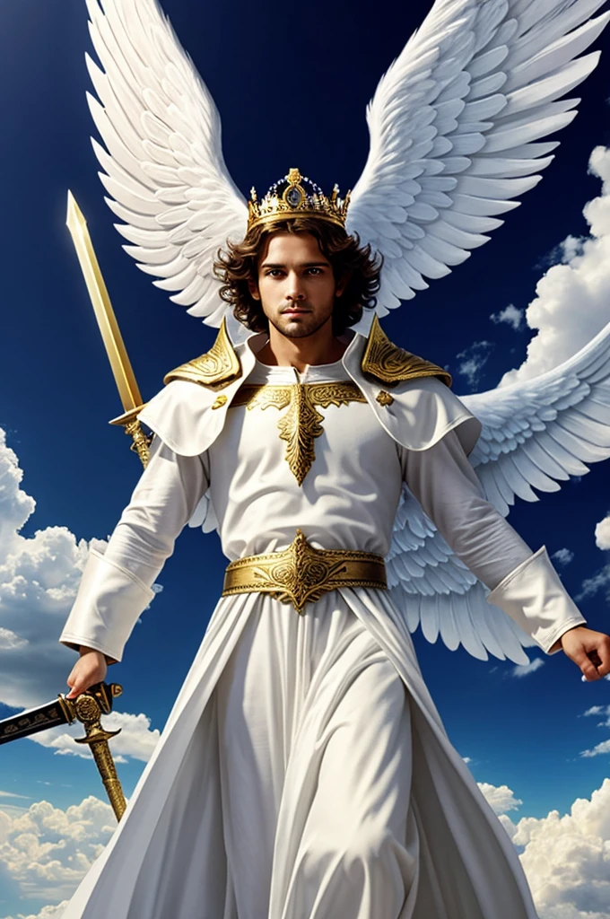 An Angel descending from heaven with his white dress and his golden sword with his crown on his head.