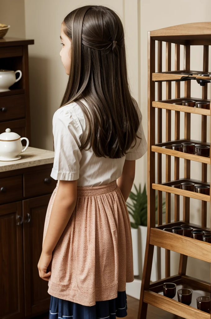 12 year old girl looking at a tea rack with her back turned
