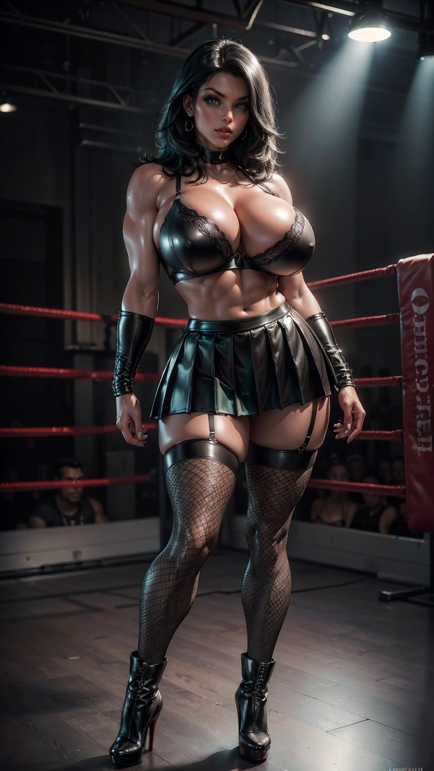 (best quality,highres:1.2), (ultra-detailed), (realistic:1.37), (HDR,UHD), (physically-based rendering), (busty mature muscular Denise Milani), beautiful supermodel face, ((black leather pleated skirt:1.3)), ((black leather bra:1.3)), ((short stiletto-heeled combat boots)), (short, straight jet-black hair:1.3), ((firm breasts, deep cleavage, perfectly round breasts)), ((thicc:1.1)), ((wide calves, thick strong calves:1.5)), ((beautiful large green eyes):1.3), (intimidating pose in a boxing ring), (full-body portrait), (vivid colors), (fishnet stockings, thighhigh fishnet stockings:1.3), (hot red lips, makeup:1.3), sexy fighter, prominent breasts, rock solid breasts, (full body portrait:1.3), big_boltedontits, boltedontits, th3p1t, sakimichan,