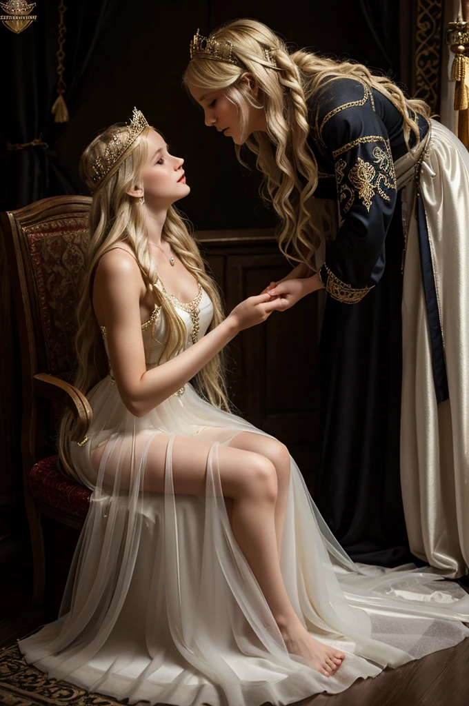Beautiful little medieval Russian princess 9 years old, long wavy blonde hair, transparent white dress, being harassed and groped in a dark room by a man over 35 years old touching her legs, kissing her breasts