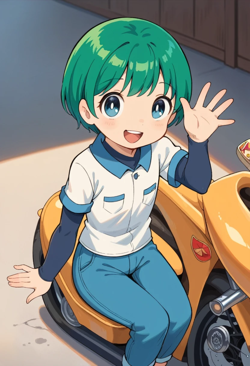 Cute young boy, ropple, blue eyes, green hair, cute face, very smail, laughing, nsfw, small breasts, waist, motorcycle pants, wet spats, cute crotch penis, sitting, full view body, waving at viewer, looking at another, cute face, very smail, laughing, happy,