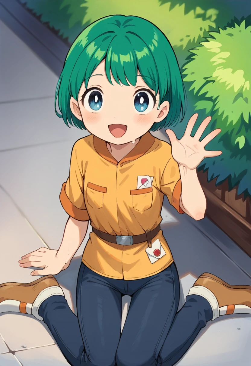 Cute young boy, ropple, blue eyes, green hair, cute face, very smail, laughing, nsfw, small breasts, waist, motorcycle pants, wet spats, cute crotch penis, sitting, full view body, waving at viewer, looking at another, cute face, very smail, laughing, happy,