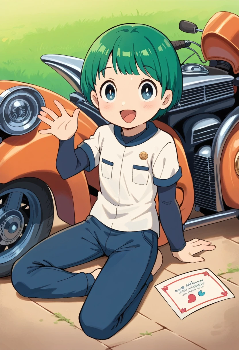 Cute young boy, ropple, blue eyes, green hair, cute face, very smail, laughing, nsfw, small breasts, waist, motorcycle pants, wet spats, cute crotch penis, sitting, full view body, waving at viewer, looking at another, cute face, very smail, laughing, happy,