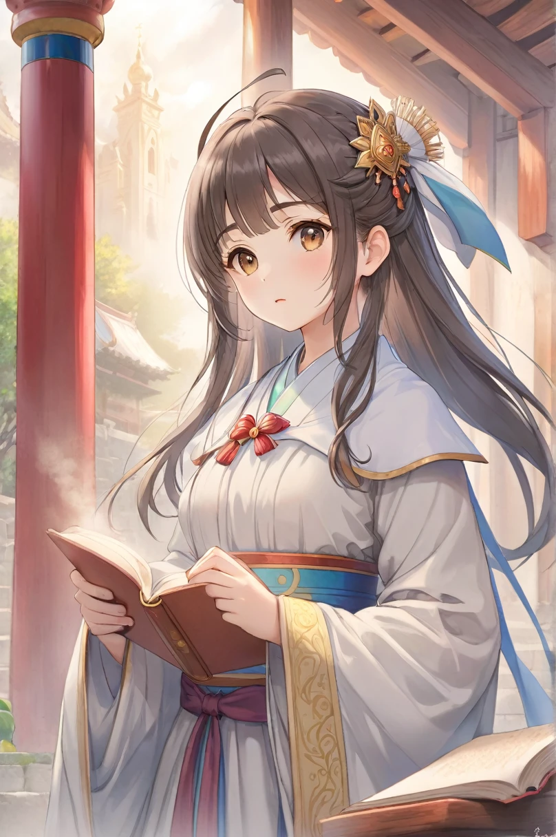 (Very detailed CG Unity 8k 壁紙),(Very detailed),masterpiece,Highest quality, \\, One Girl,A fleeting look,Colored pencil drawing,(Adjust the pen pressure and line thickness、Creates fine shadow intensity。),A style of painting on parchment,In priest&#39;s attire,Description of the whole body,Sacred atmosphere