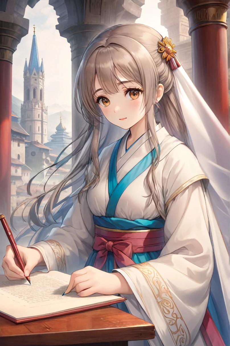 (Very detailed CG Unity 8k 壁紙),(Very detailed),masterpiece,Highest quality, \\, One Girl,A fleeting look,Colored pencil drawing,(Adjust the pen pressure and line thickness、Creates fine shadow intensity。),A style of painting on parchment,In priest&#39;s attire,Description of the whole body,Sacred atmosphere