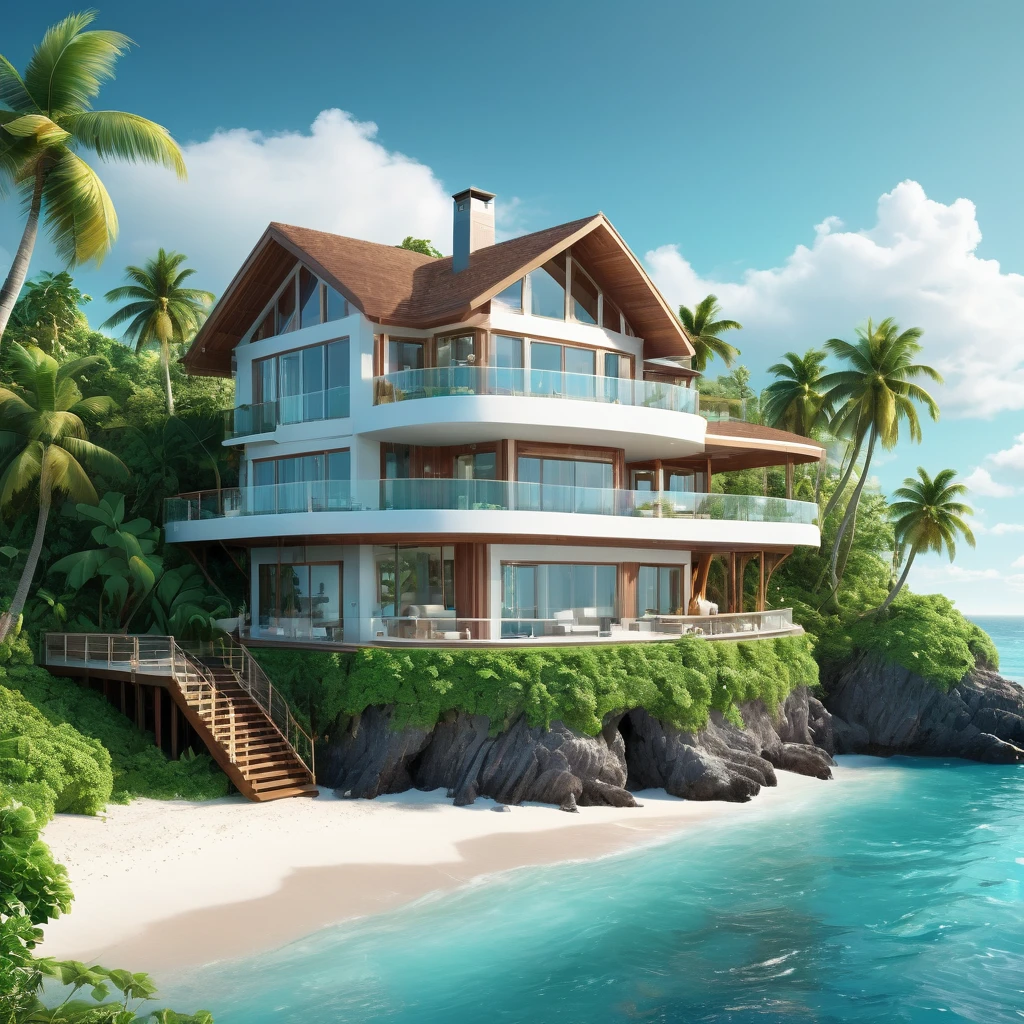 Luxurious modern beach house on a tropical island cliff, surrounded by lush green foliage and palm trees. Three-story structure with large glass windows and a brown thatched roof. Wooden walkway leading from the house to a pristine white sand beach. Turquoise ocean waters and fluffy white clouds in a teal sky. Photorealistic style with vibrant colors and sharp details. Wide-angle view capturing the entire scene from an elevated perspective.