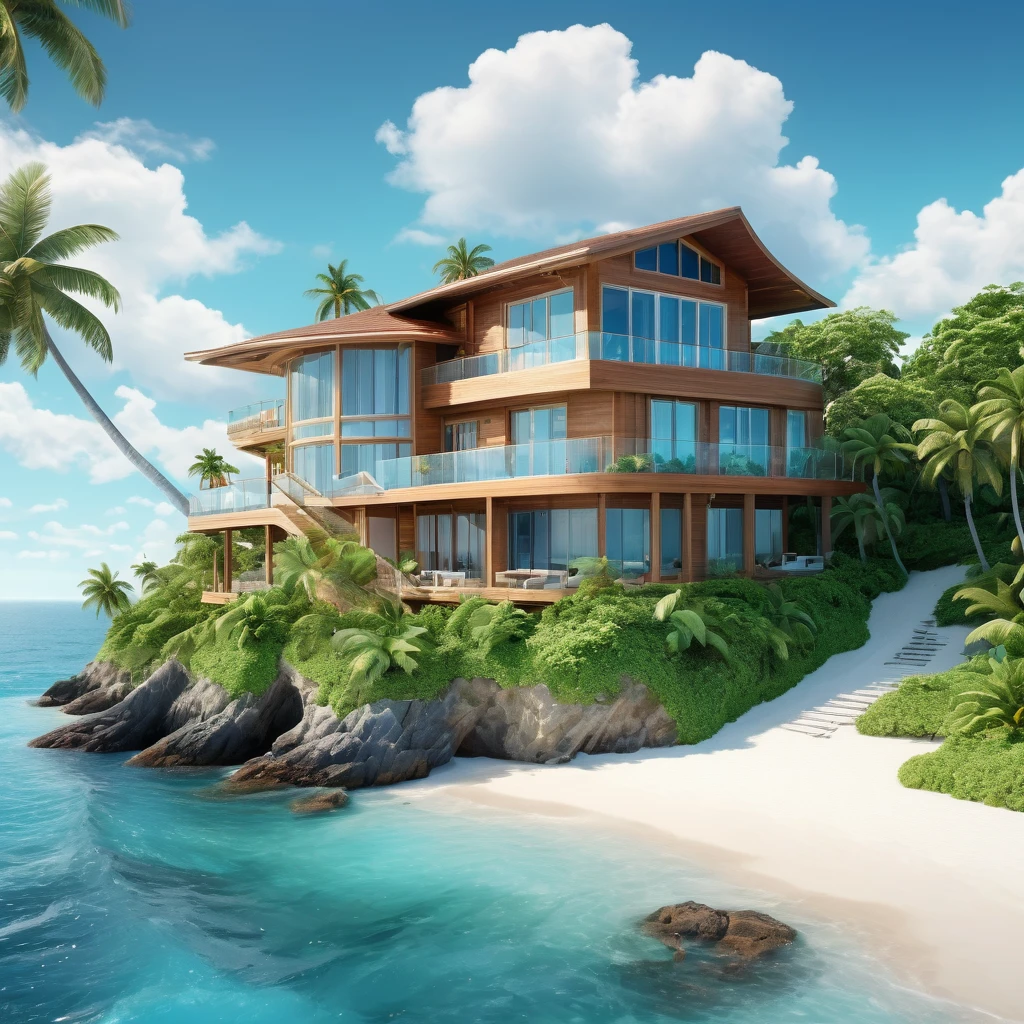 Luxurious modern beach house on a tropical island cliff, surrounded by lush green foliage and palm trees. Three-story structure with large glass windows and a brown thatched roof. Wooden walkway leading from the house to a pristine white sand beach. Turquoise ocean waters and fluffy white clouds in a teal sky. Photorealistic style with vibrant colors and sharp details. Wide-angle view capturing the entire scene from an elevated perspective.