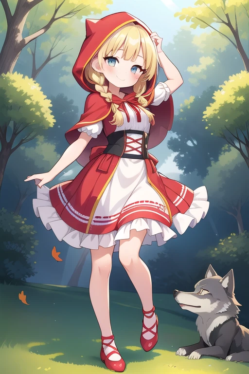 one girl, blonde, single braid, cute, happy, nice smile, young, bright sunlight, Full body image, Are standing, dance, (masterpiece:1.2), best quality, masterpiece, top quality, looking at viewer, flowers, shining eyes, blush, shining eyes, Little red riding hood, village, wind, fallen leaves, shadow, background wolf