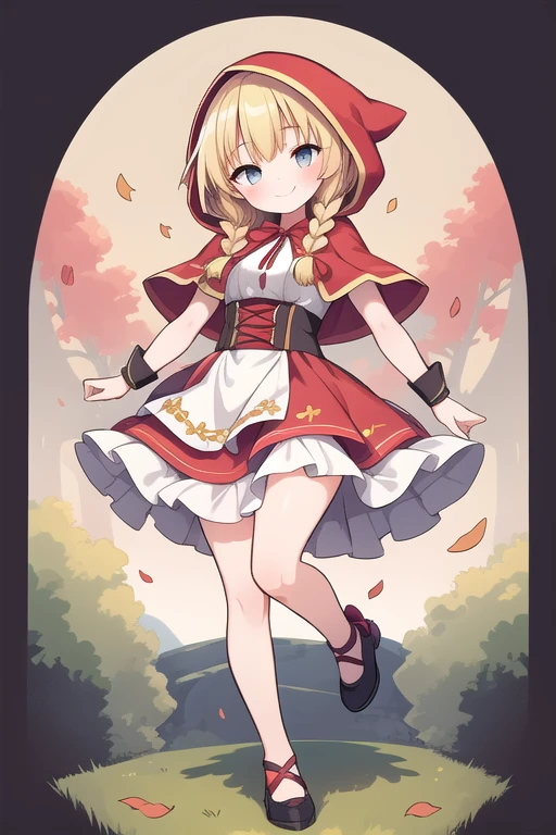 one girl, blonde, single braid, cute, happy, nice smile, young, bright sunlight, Full body image, Are standing, dance, (masterpiece:1.2), best quality, masterpiece, top quality, looking at viewer, flowers, shining eyes, blush, shining eyes, Little red riding hood, village, wind, fallen leaves, shadow, background wolf