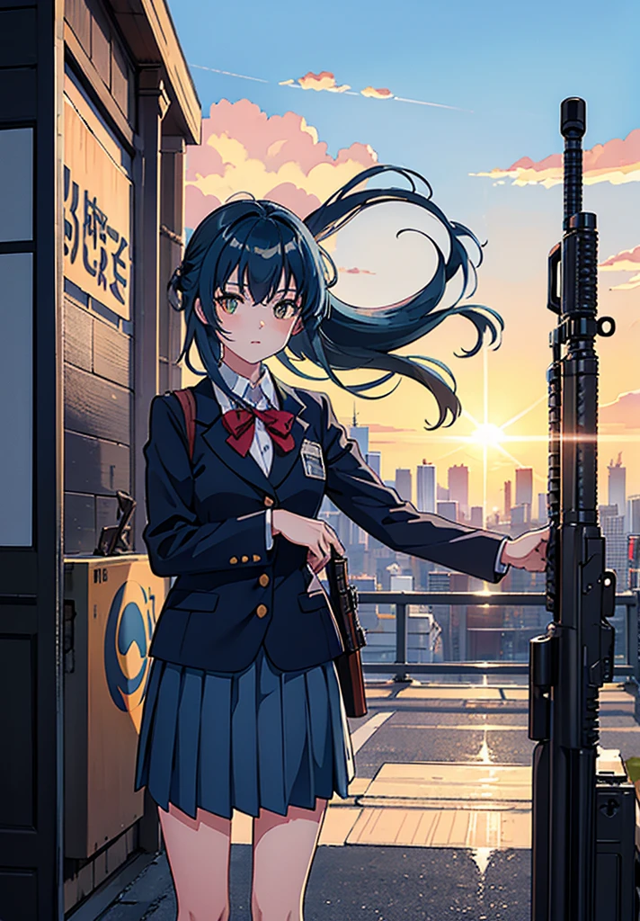 masterpiece,HigHest quality, Lens flare, DeptH of written boundary, (close:1.3), (Wide SHot, FisHeye Lens:0.85), Face Focus, One Girl ,Are standing, Blue long Hair, ,Pleated skirt, (Have a weapon, Hold tHe rifle,Targeting,Target:1.2), gun, H&hk416, carbine, fire, Firing, sunny,blue sky,cloudy,city,street,road signs, Skyscraper,