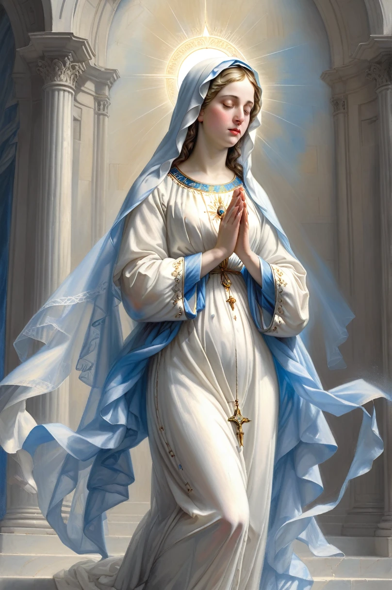 A beautiful ultra-thin Realistic portrait of the Virgin Mary, White outfit with blue details, ((Divinity)), whole body, Biblical, Realistic, Intricate details, Abbott Fuller Graves, Bartholomew Esteban Murillo, JC Leyendecker, Craig Mullins, Peter Paul Rubens, (Caravaggio), Art Station Trends, 8K, Concept Art, Fantasy art, PhotoRealistic, Realistic, figure, oil, Surrealism, HyperRealistic, Brush Brush, Digital Art, style,  watercolor