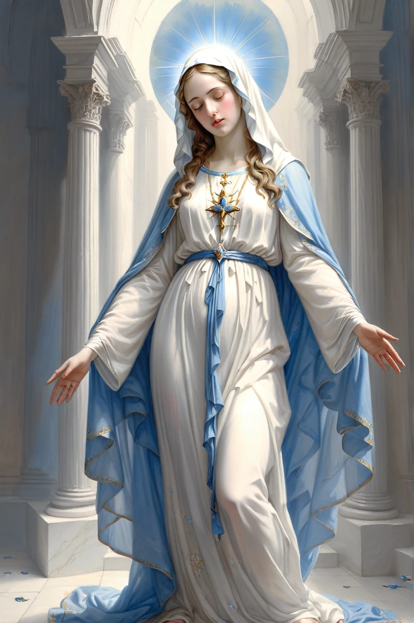 A beautiful ultra-thin Realistic portrait of the Virgin Mary, White outfit with blue details, ((Divinity)), whole body, Biblical, Realistic, Intricate details, Abbott Fuller Graves, Bartholomew Esteban Murillo, JC Leyendecker, Craig Mullins, Peter Paul Rubens, (Caravaggio), Art Station Trends, 8K, Concept Art, Fantasy art, PhotoRealistic, Realistic, figure, oil, Surrealism, HyperRealistic, Brush Brush, Digital Art, style,  watercolor