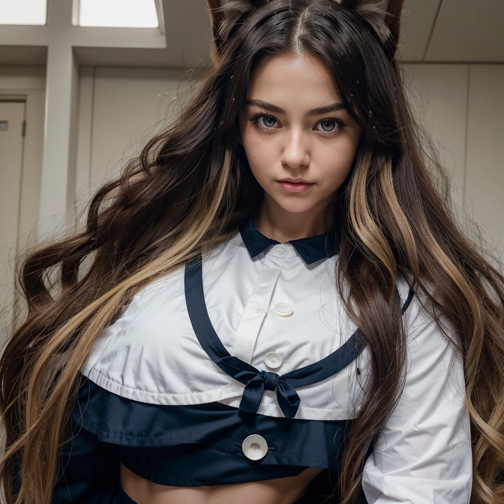 Screenshot of my hero academia. Girl with long black wavy hair with a blonde streak, dark blue eyes, He has two medium rabbit ears, Her face looks like Rumi Usagiyama and she has long eyelashes.. She has a large bust and small waist, she wears a UA uniform and has a natural bottom.. Excited like my hero academia 