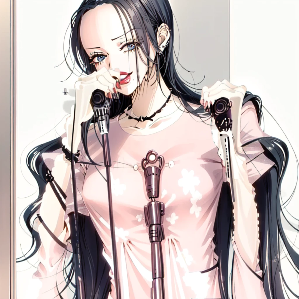 Screen capture Anime NANA, adult female, long wavy black hair, natural Korean makeup, soft lips, lip gloss, blue eyes, delicate expression, delicate smile, delicate and cute style, costume with lace, pastel Pink/white/pink costume, coquette style, big and delicate nails, careful hair, top quality, idol girl , (enlarged)