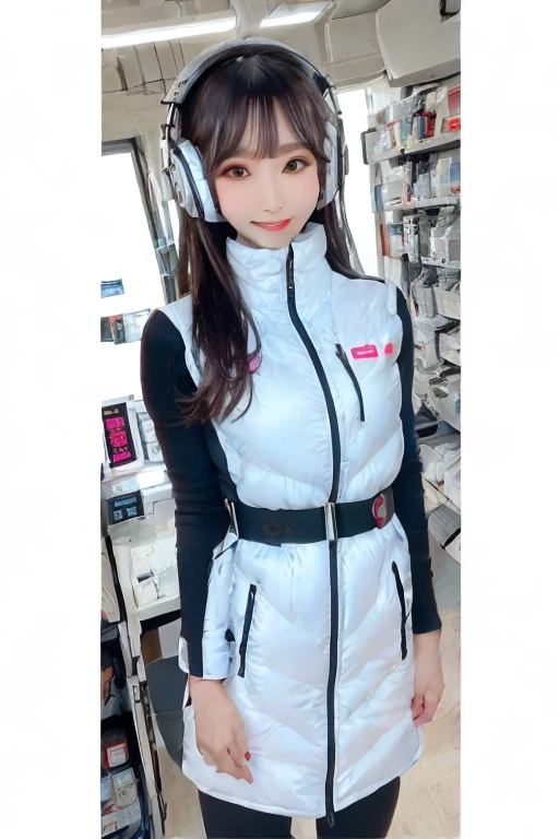 masterpiece, Highest quality, Very detailed, 8K Portrait,Japanese Android Girl,plump , Control panel,Robotic arms and legs, Blunt bangs,,break (Metallic Gray, Metallic luster, Mirror finish, Astro Best):5,headphone:5,break (Black sleeves):100,Smart Watches,Futuristic space station,Control Room,break headphone,blue eyes,(Black Hair):2,(Long Hair):1.3,Displaying the viewer,(respirator),break blush:3,Hidden Hand,smile