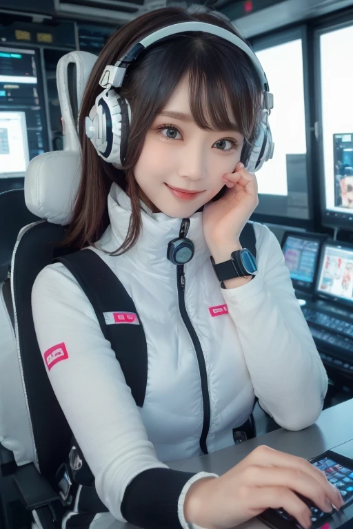 masterpiece, Highest quality, Very detailed, 8K Portrait,Japanese Android Girl,plump , Control panel,Robotic arms and legs, Blunt bangs,,break (Metallic Gray, Metallic luster, Mirror finish, Astro Best):5,headphone:5,break (Black sleeves):100,Smart Watches,Futuristic space station,Control Room,break headphone,blue eyes,(Black Hair):2,(Long Hair):1.3,Displaying the viewer,(respirator),break blush:3,Hidden Hand,smile