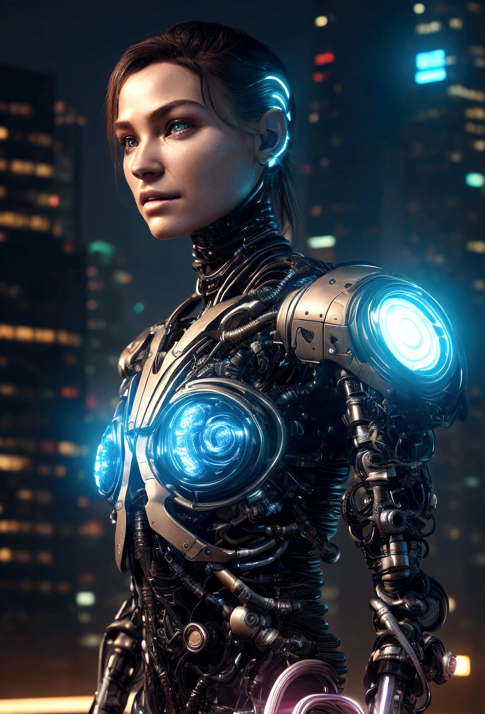 Create an image of a humanoid cyborg character who is approximately 25 years old. The character should have a sleek, futuristic design where mechanical enhancements are seamlessly integrated with human features. Imagine a face that is partially metallic, featuring one robotic eye and one human eye, blending synthetic and organic elements harmoniously. The character has an athletic build and is wearing a tight-fitting, high-tech bodysuit embedded with lights and circuitry. One of the arms is fully cybernetic, displaying intricate mechanical details, while the other arm appears mostly human with subtle cybernetic enhancements. The character's short, stylish hair has a slight metallic sheen, and their expression conveys determination and intelligence. Place this character in a futuristic cityscape background filled with neon lights and advanced technology, emphasizing the high-tech environment. The overall aesthetic should combine human and cybernetic aspects in a way that makes the cyborg character both believable and compelling.