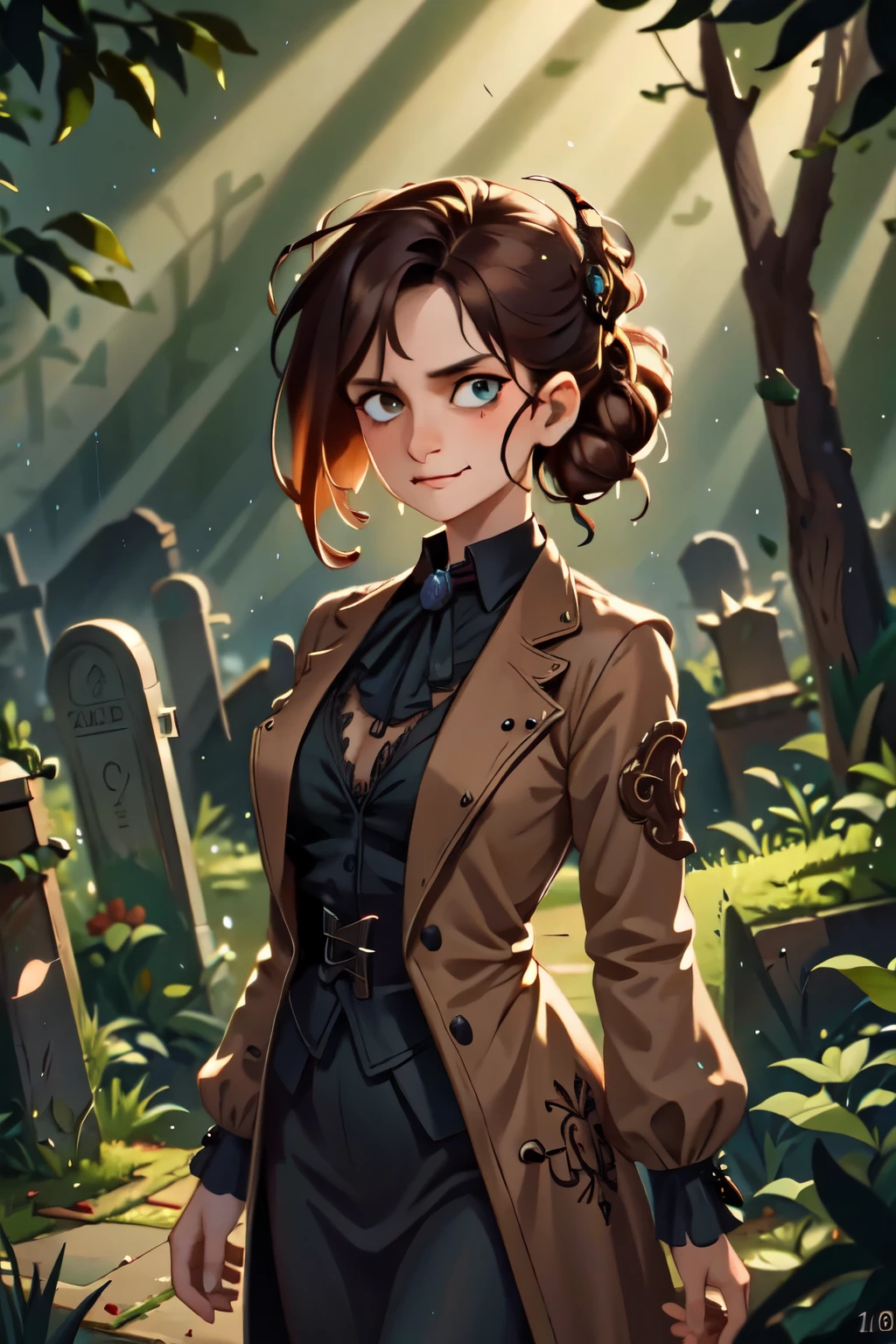 Cinematic, Vampire slayers, walks in an Gothic cemetery at night wearing a gothic steampunk fashion dress, fog and rainy condition, ghostly atmosphere, 1800s, (high skin detail: 1.2), ultra-detailed, photo-realistic, depth of field, cinematic lighting, IMAX camera, HDR, DTM, Full HD, 8k , captured in ultra high resolution with photorealistic and beautiful lighting. This masterpiece is of the best quality and is set against a zentangle abstract background (weighted at 1.4).