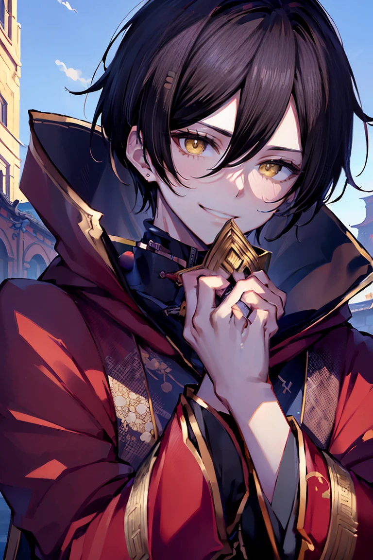 (masterpiece:1.2), (high quality:1.2), (hui xiyi:1), rekkyo sensen, rekkyou sensen, male focus, boys with((black hair, (chinese clothes:1.2), upper body, (both hands:1.15), (perfect hands:1.05), (five fingers:1.05))), background with((fantasy world, ruin, castle, beautiful sky, shining sky, sunshine))