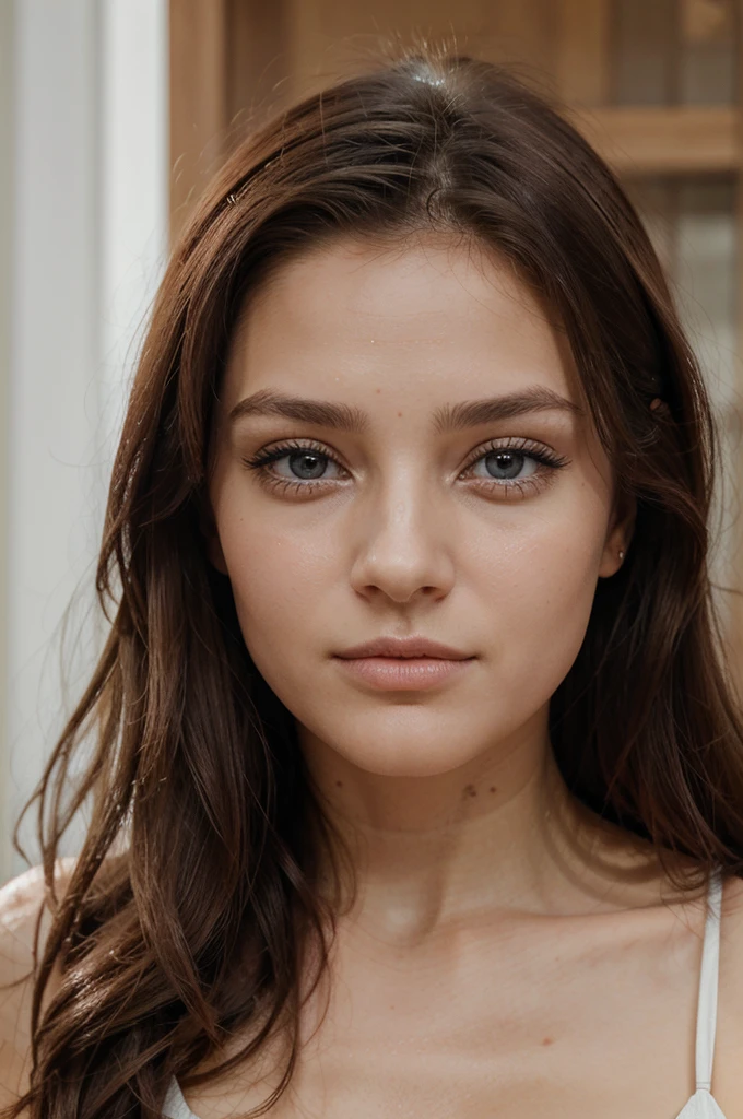 Créer une image d'une jeune fille avec de beaux cheveux bruns, des yeux captivants et un visage attrayant. Les traits de son visage doivent être harmonieux, LA BOUCHE OUVERTE. Ses cheveux doivent être longs et brillants, encadrant délicatement son visage. Les yeux doivent être expressifs, de préférence avec une couleur riche et profonde. L'ensemble de son apparence doit dégager une beauté naturelle et une aura de gentillesse