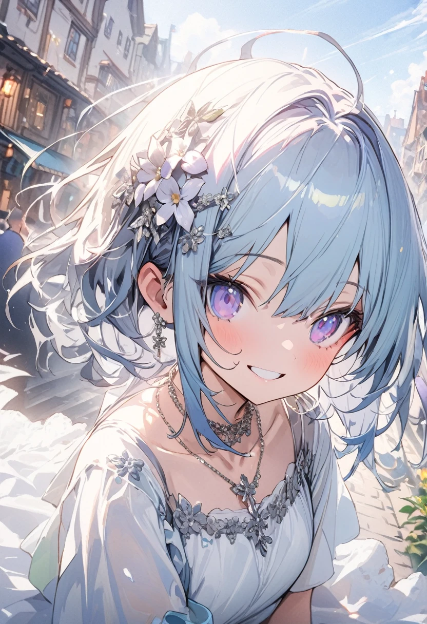 (masterpiece, best quality, highly detailed, absurdres:1.3), (1girl, cute girl:1.3), smile, (silver flower piace, silver flower necklace, silver jewelry accessory:1.3), (fantastic illustration, beautiful detail, best quality, top quality, fain touch outline:1.3), watercolor, clear, tangle, background blue sky, city town, beautiful scenery