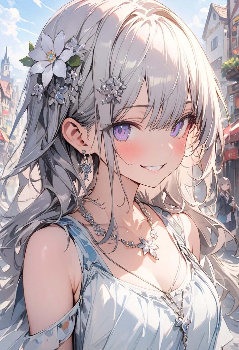(masterpiece, best quality, highly detailed, absurdres:1.3), (1girl, cute girl:1.3), smile, (silver flower piace, silver flower necklace, silver jewelry accessory:1.3), (fantastic illustration, beautiful detail, best quality, top quality, fain touch outline:1.3), watercolor, clear, tangle, background blue sky, city town, beautiful scenery