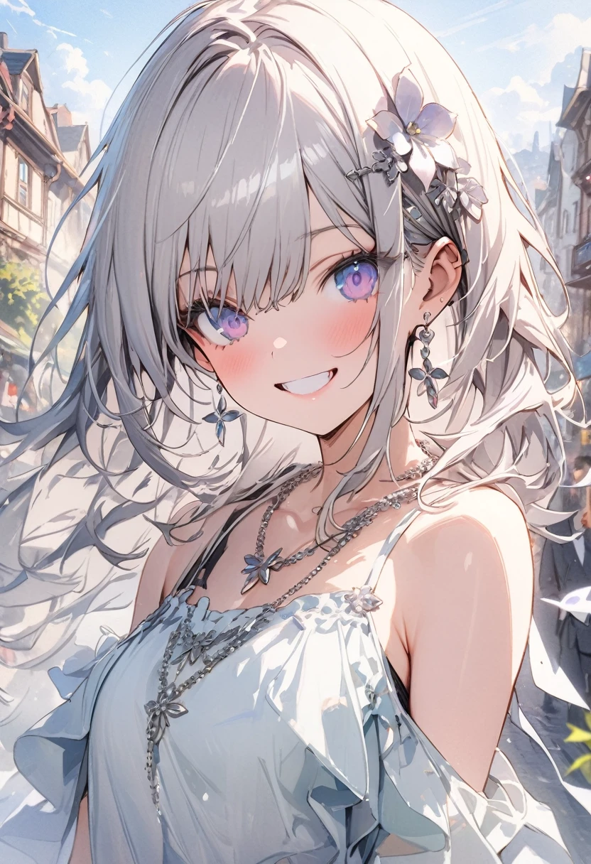 (masterpiece, best quality, highly detailed, absurdres:1.3), (1girl, cute girl:1.3), smile, (silver flower piace, silver flower necklace, silver jewelry accessory:1.3), (fantastic illustration, beautiful detail, best quality, top quality, fain touch outline:1.3), watercolor, clear, tangle, background blue sky, city town,  beautiful scenery