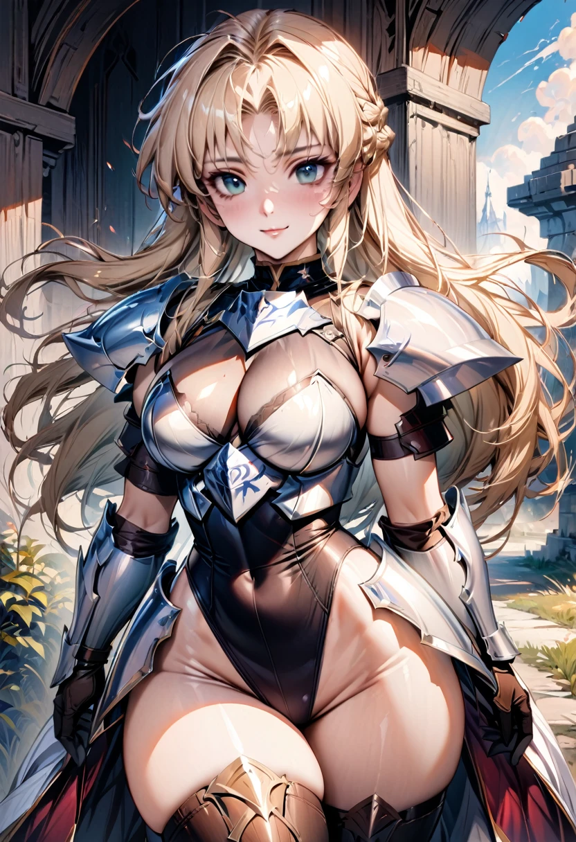 ((highest quality)), ((masterpiece)), ((hyperrealistic)), (detailed background), solo, 1girl, ((curvy: 1.2)), kawaii, gentle smile, ((Princess Knight)), langrisser, blonde braided long hair, ((See-through black leotard: 1.5)), (paladin armor: 1.3), ((ArmoredDress)), ((Tight-fitting leotard bodysuit)), ((large breasts)), ((arm guard gauntlet)), leather long gloves, ((zettai ryouiki thigh boots)), (big butt), (cleavage cutout), (Groin), (thigh), (See-through black pantyhose), beautiful aqua eyes, droopy eyes, parted bangs, perfect face, Perfect hands, perfect fingers, Blue sky and grassland, posing, cameltoe