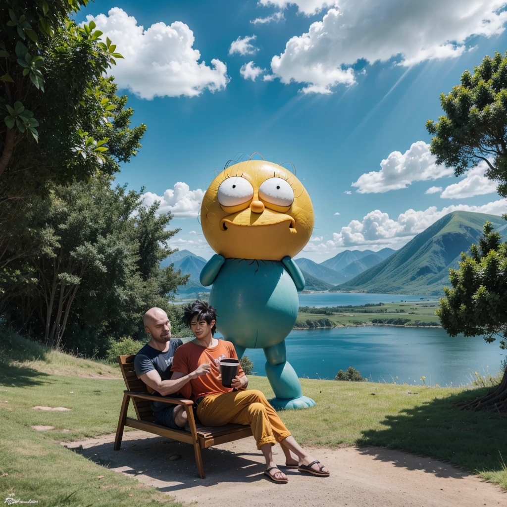 Goku and Homer Simpson on a beautiful coffee afternoon. A trinity rests, accompanied by a Beetle and a beautiful landscape. What an epic and funny moment."