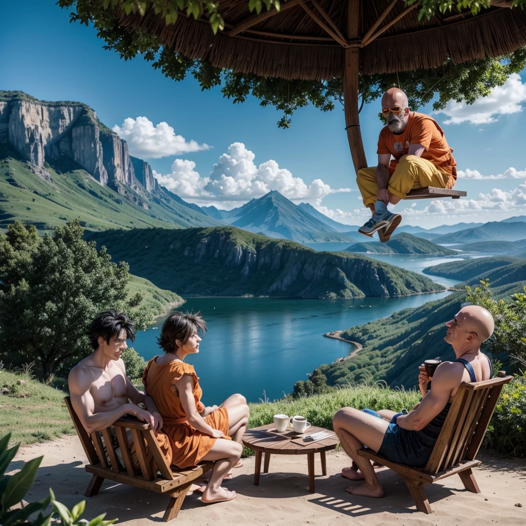 Goku and Homer Simpson on a beautiful coffee afternoon. A trinity rests, accompanied by a Beetle and a beautiful landscape. What an epic and funny moment."