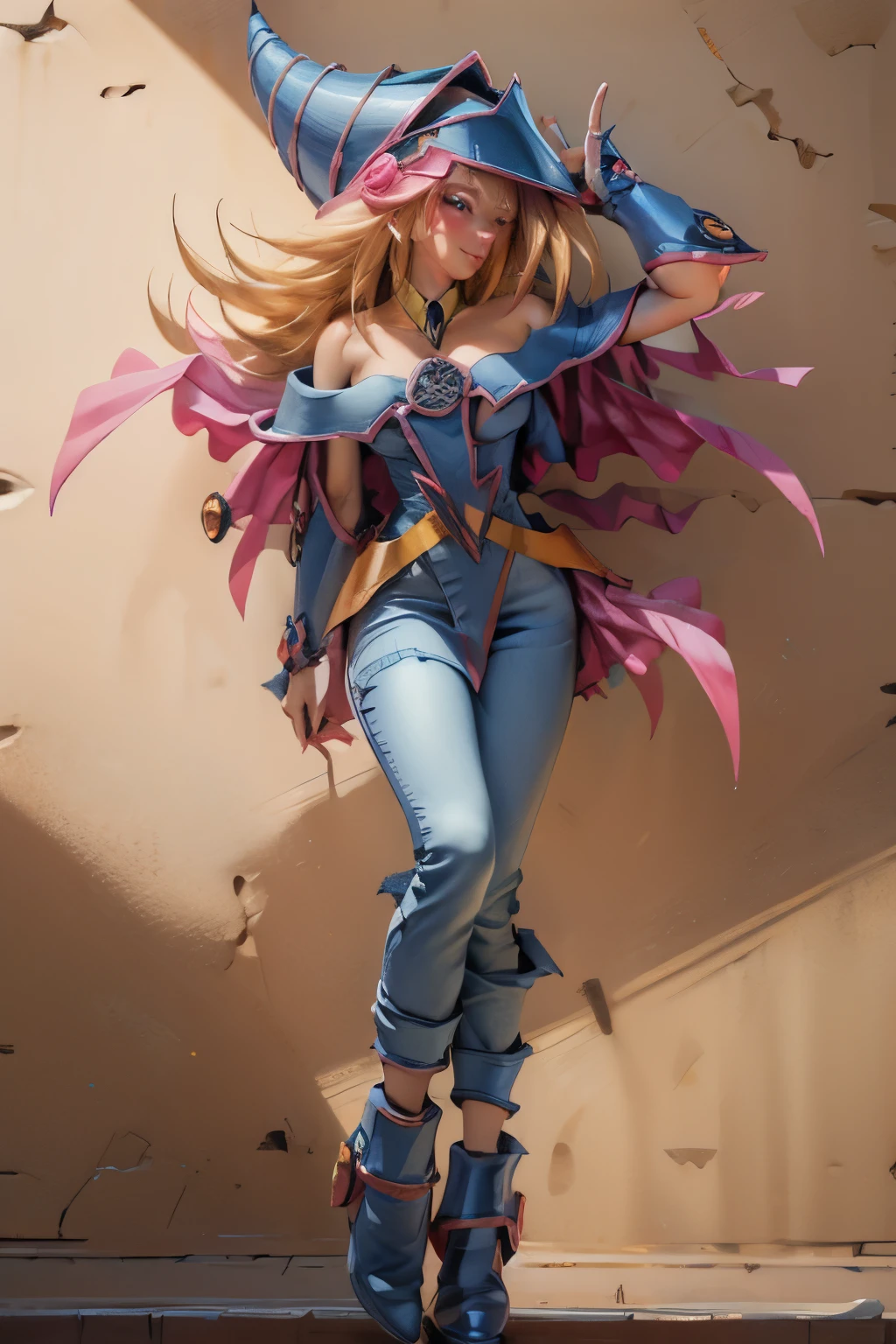 Beautiful face of dark magician gils, blue eyes. pink lips. Long blonde hair. exposed shoulders, angelic smile, beautiful well detailed face of dark magician gils. With his hands he makes the sign of love and peace. His hands make a sign of peace and love. Peace and love in your hands . She wears dark, tight jeans.. The Jeans have the zipper open and you can see the thong.has heels