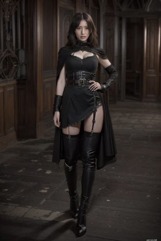 (8K, 4K, best quality, high resolution: 1.2), (Master, Practical, Photorealism: 1.4), Dark Fantasy, Night，In the ruins，Heroine, Black combat uniform，Black cape，Suspender pantyhose，Gothic atmosphere，Dark atmosphere, Long legs，High heel, Practical, Very detailed, HD, Gothic style,