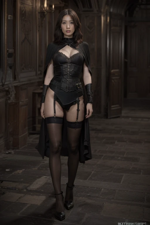 (8K, 4K, best quality, high resolution: 1.2), (Master, Practical, Photorealism: 1.4), Dark Fantasy, Night,In the ruins,Heroine, Black combat uniform,Black cape,Suspender pantyhose,Gothic atmosphere,Dark atmosphere, Long legs,High heel, Practical, Very detailed, HD, Gothic style,