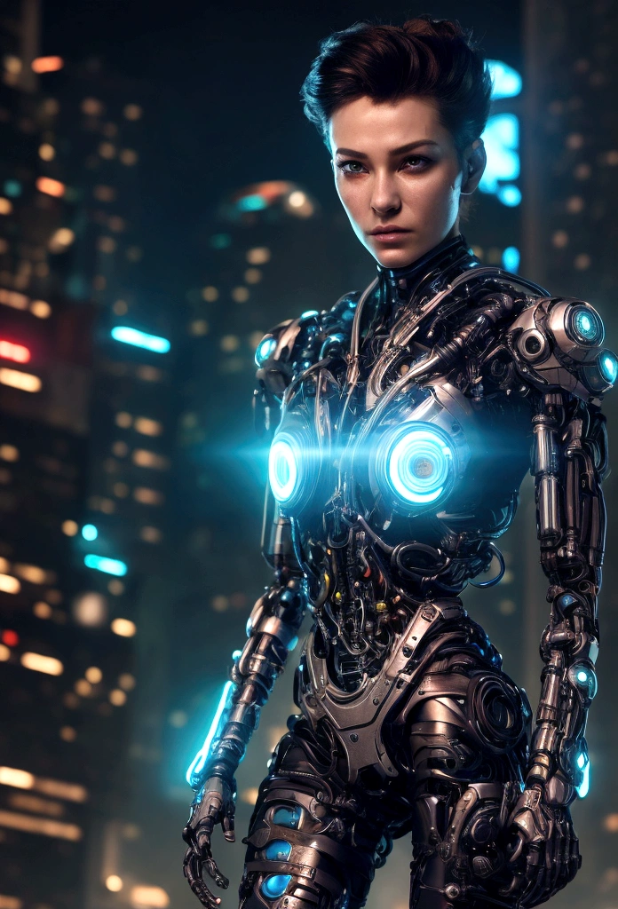 Create an image of a humanoid cyborg character who is approximately 25 years old. The character should have a sleek, futuristic design where mechanical enhancements are seamlessly integrated with human features. Imagine a face that is partially metallic, featuring one robotic eye and one human eye, blending synthetic and organic elements harmoniously. The character has an athletic build and is wearing a tight-fitting, high-tech bodysuit embedded with lights and circuitry. One of the arms is fully cybernetic, displaying intricate mechanical details, while the other arm appears mostly human with subtle cybernetic enhancements. The character's short, stylish hair has a slight metallic sheen, and their expression conveys determination and intelligence. Place this character in a futuristic cityscape background filled with neon lights and advanced technology, emphasizing the high-tech environment. The overall aesthetic should combine human and cybernetic aspects in a way that makes the cyborg character both believable and compelling.