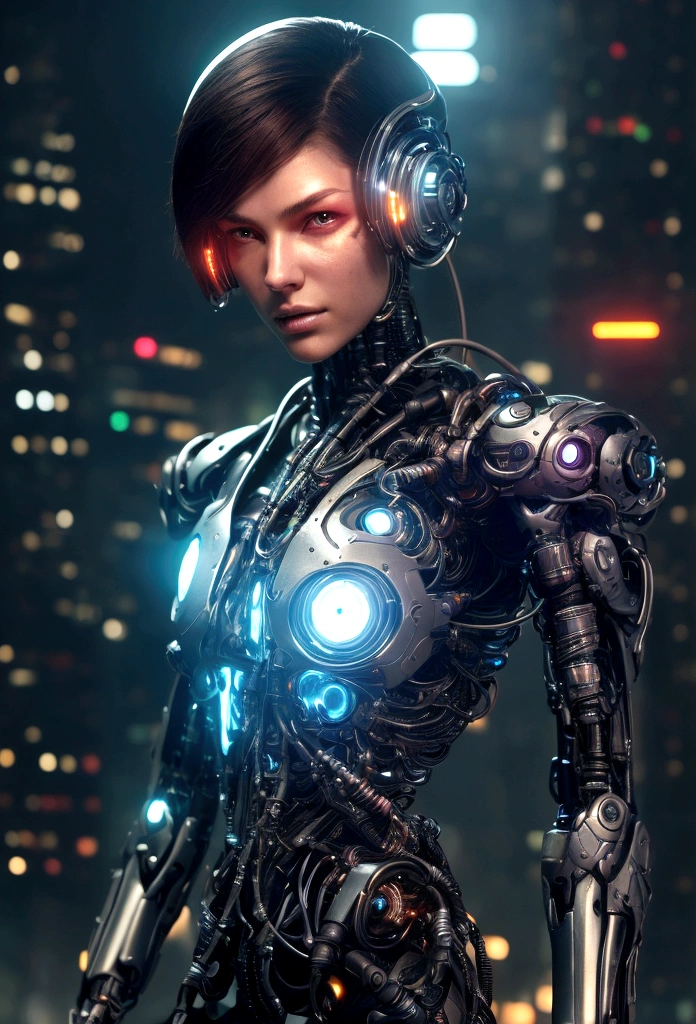 Create an image of a humanoid cyborg character who is approximately 25 years old. The character should have a sleek, futuristic design where mechanical enhancements are seamlessly integrated with human features. Imagine a face that is partially metallic, featuring one robotic eye and one human eye, blending synthetic and organic elements harmoniously. The character has an athletic build and is wearing a tight-fitting, high-tech bodysuit embedded with lights and circuitry. One of the arms is fully cybernetic, displaying intricate mechanical details, while the other arm appears mostly human with subtle cybernetic enhancements. The character's short, stylish hair has a slight metallic sheen, and their expression conveys determination and intelligence. Place this character in a futuristic cityscape background filled with neon lights and advanced technology, emphasizing the high-tech environment. The overall aesthetic should combine human and cybernetic aspects in a way that makes the cyborg character both believable and compelling.