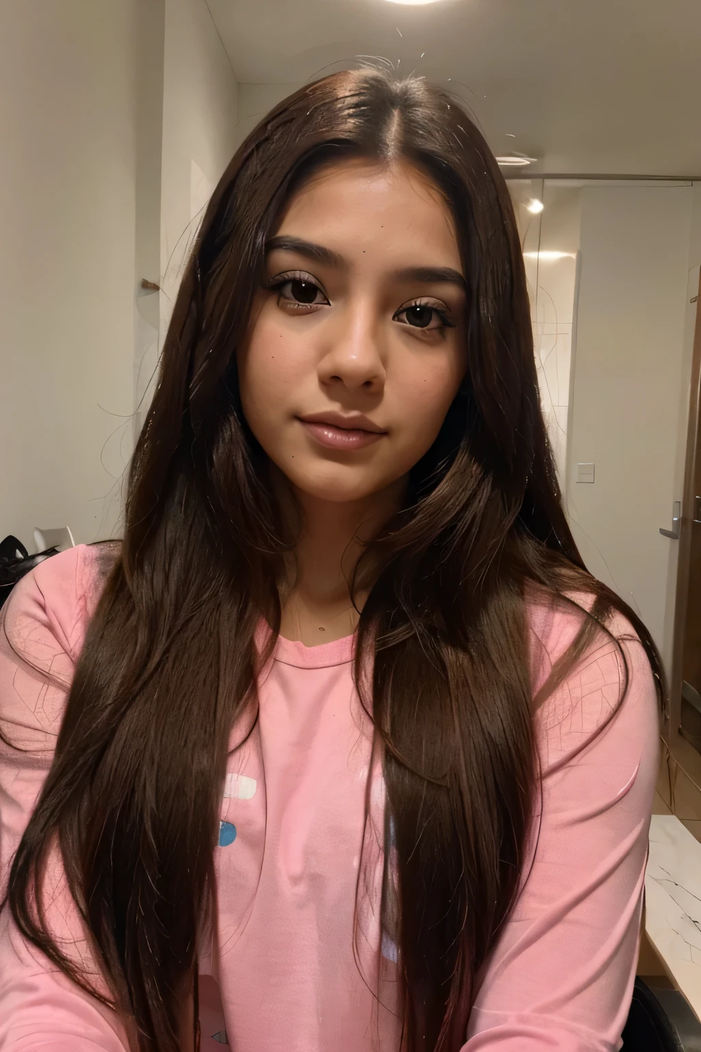 face of a beautiful very young latina woman with bright pink very long hair