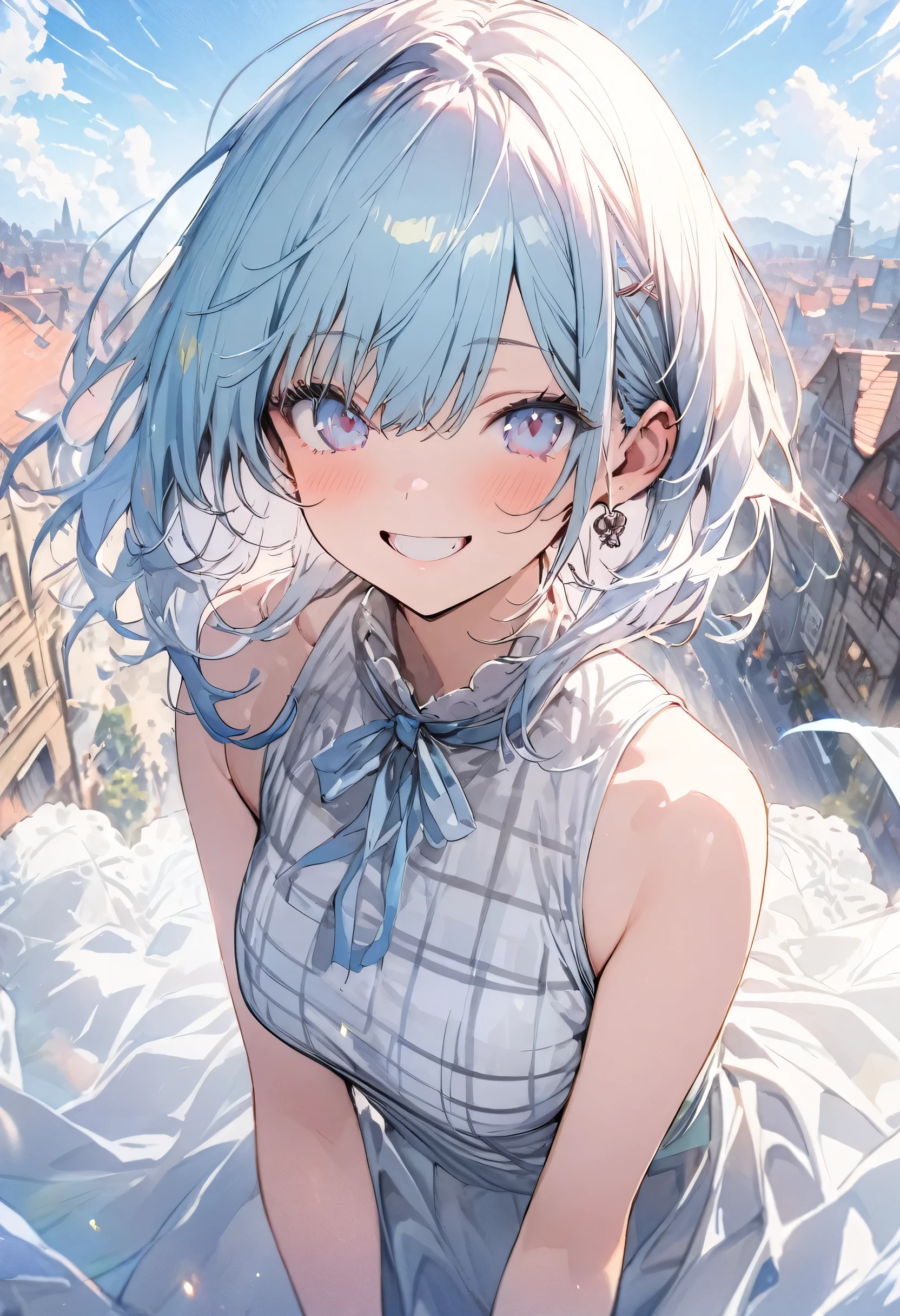(masterpiece, best quality, highly detailed, absurdres:1.3), (1girl, cute girl:1.3), smile, (black and white plaid one_piece_dress:1.3), (fantastic illustration, beautiful detail, best quality, top quality, fain touch outline:1.3), watercolor, clear, tangle, background blue sky, city town, beautiful scenery