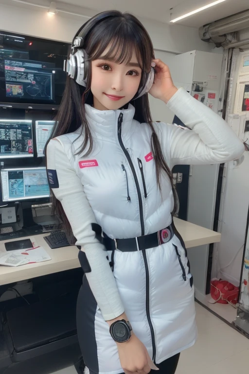 masterpiece, Highest quality, Very detailed, 8K Portrait,Japanese Android Girl,plump , Control panel,Robotic arms and legs, Blunt bangs,,break (Metallic Gray, Metallic luster, Mirror finish, Astro Best):5,headphone:5,break (Black sleeves):100,Smart Watches,Futuristic space station,Control Room,break headphone,blue eyes,(Black Hair):2,(Long Hair):1.3,Displaying the viewer,(respirator),break blush:3,Hidden Hand,smile