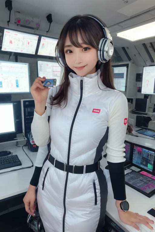 masterpiece, Highest quality, Very detailed, 8K Portrait,Japanese Android Girl,plump , Control panel,Robotic arms and legs, Blunt bangs,,break (Metallic Gray, Metallic luster, Mirror finish, Astro Best):5,headphone:5,break (Black sleeves):100,Smart Watches,Futuristic space station,Control Room,break headphone,blue eyes,(Black Hair):2,(Long Hair):1.3,Displaying the viewer,(respirator),break blush:3,Hidden Hand,smile