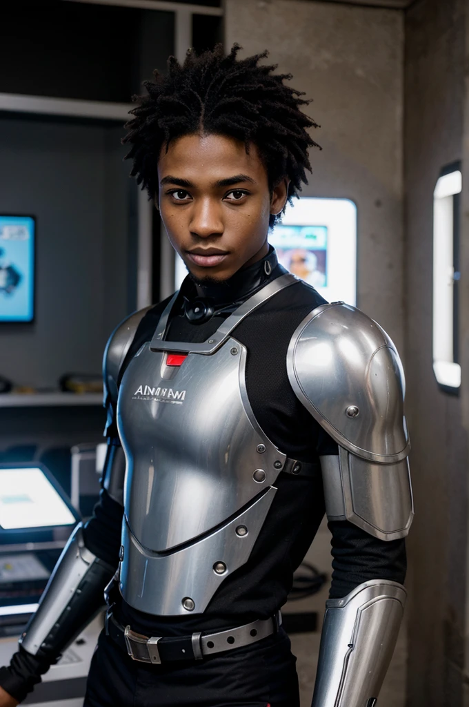 Animé manga Jeune homme 18 ans, africain, style armure robotique hi-tech