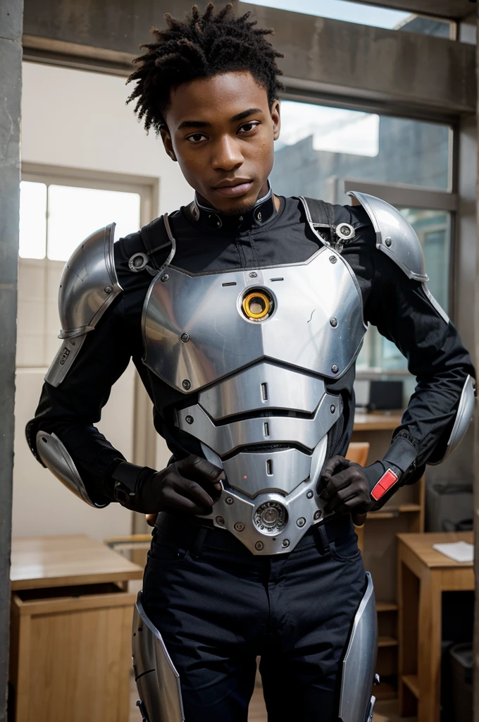Animé manga Jeune homme 18 ans, africain, style armure robotique hi-tech