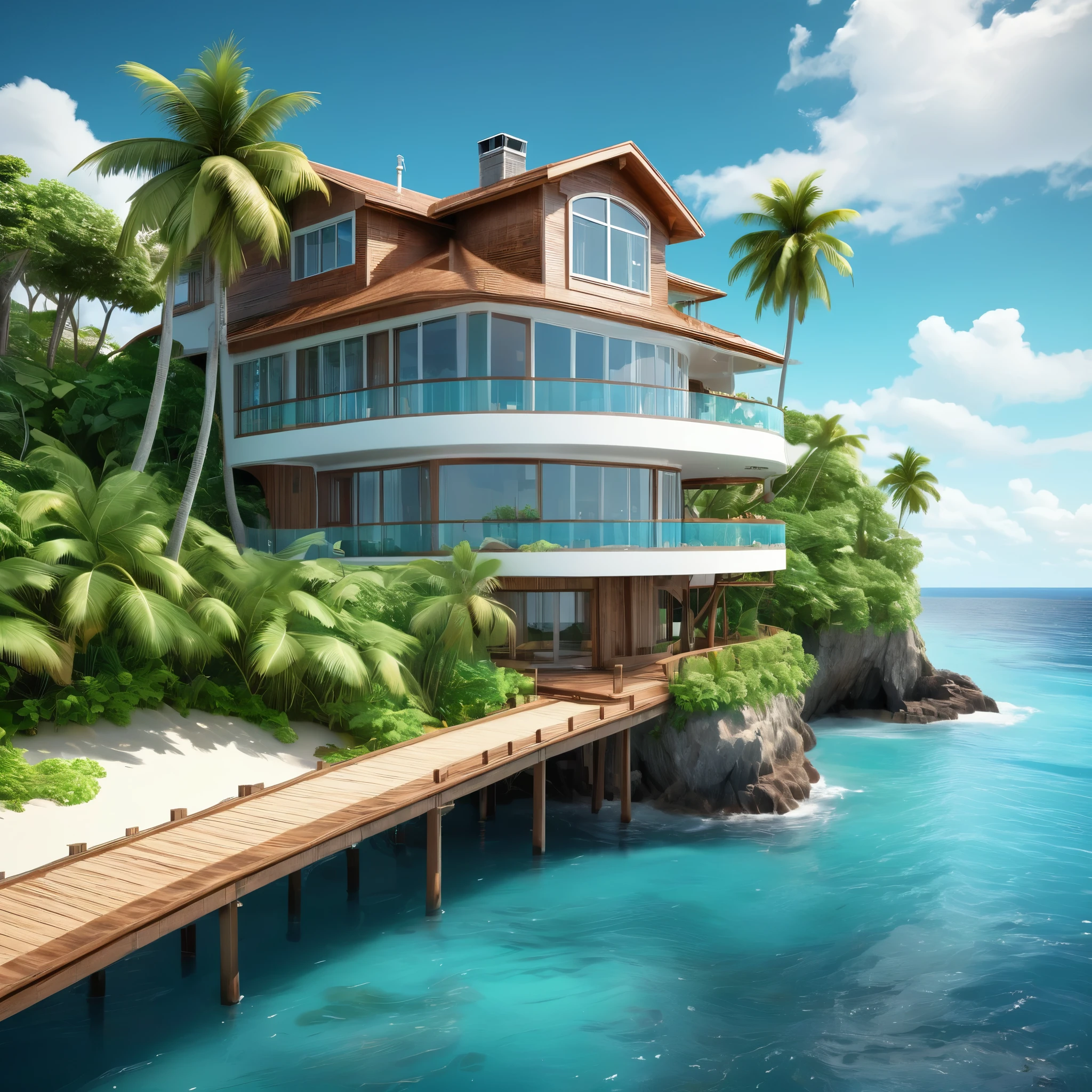 Luxurious modern beach house on a tropical island cliff, surrounded by lush green foliage and palm trees. Three-story structure with large glass windows and a brown thatched roof. Wooden walkway leading from the house to a pristine white sand beach. Turquoise ocean waters and fluffy white clouds in a teal sky. Photorealistic style with vibrant colors and sharp details. Wide-angle view capturing the entire scene from an elevated perspective.