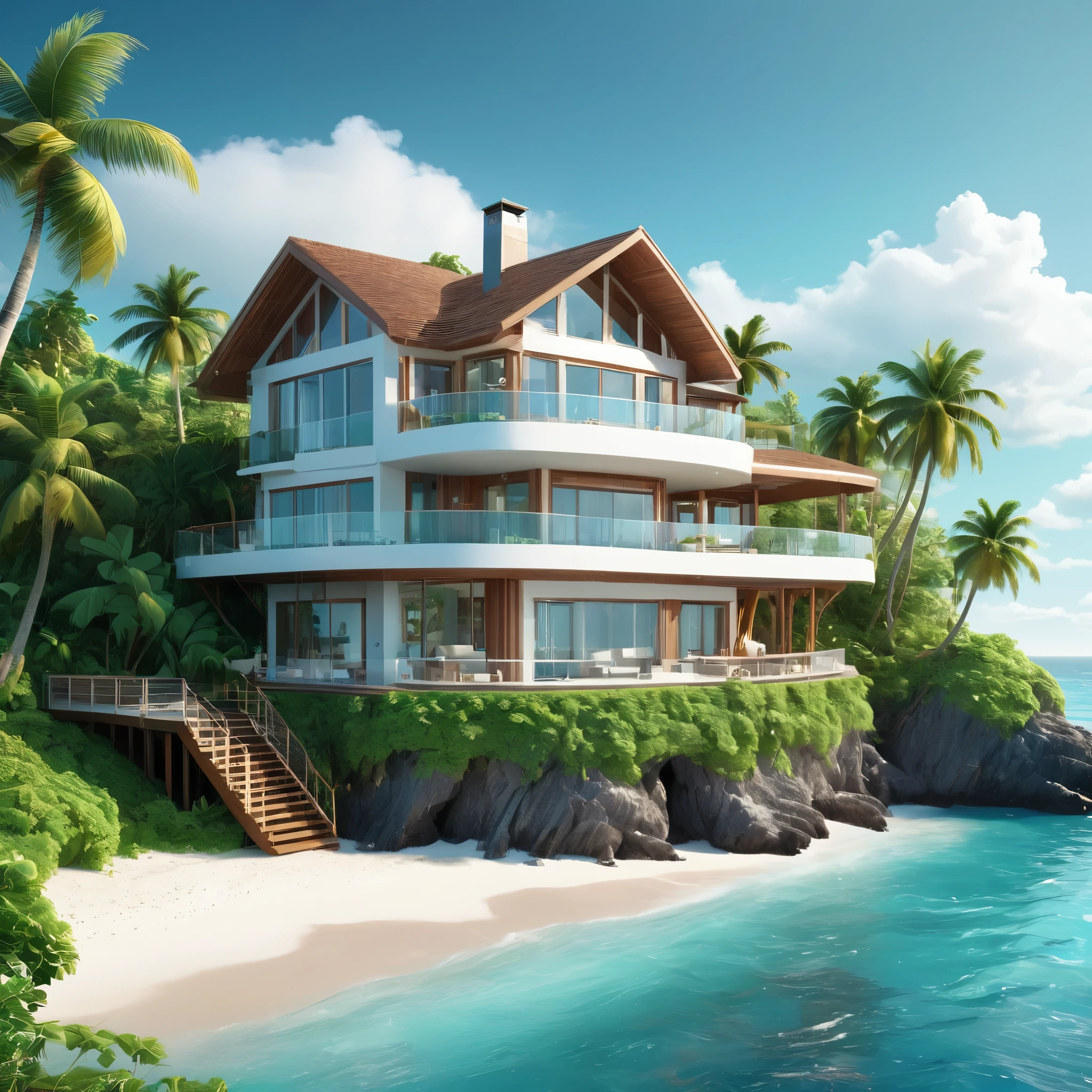 Luxurious modern beach house on a tropical island cliff, surrounded by lush green foliage and palm trees. Three-story structure with large glass windows and a brown thatched roof. Wooden walkway leading from the house to a pristine white sand beach. Turquoise ocean waters and fluffy white clouds in a teal sky. Photorealistic style with vibrant colors and sharp details. Wide-angle view capturing the entire scene from an elevated perspective.