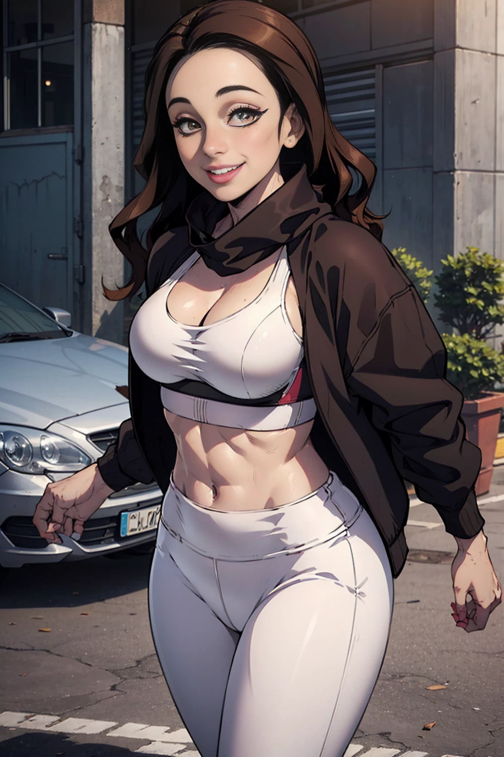 best quality, ultra high res, (photorealistic:1.4), 1girl, loose and oversized black jacket, white sports bra, (yoga pants:1), (light brown hair:1.2), Llooking at viewer, smiling, futt body, streets, urban, makeup, wide angle
