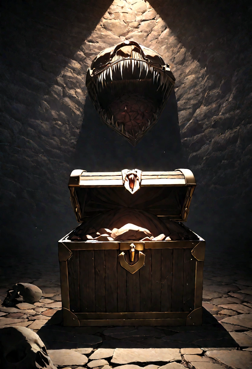 quality\(8K,非常に精細なCGユニットのwallpaper, masterpiece,High resolution,top-quality,top-quality real texture skin,Surreal,Increase the resolution,RAW Photos,最高quality,Very detailed,wallpaper,Cinema Lighting,Ray-tracing,Golden Ratio\), break ,Man wearing Mimic\(chest, Sharp teeth,Motion Blur\) His head follows the viewer from afar, In a dark dungeon,BREAK、Treasure chest at the dead end、The treasure chest is a Mimic、Glowing Mimic、Mimic holding up a welcomeboard、Long Shot,Screenshots of the game